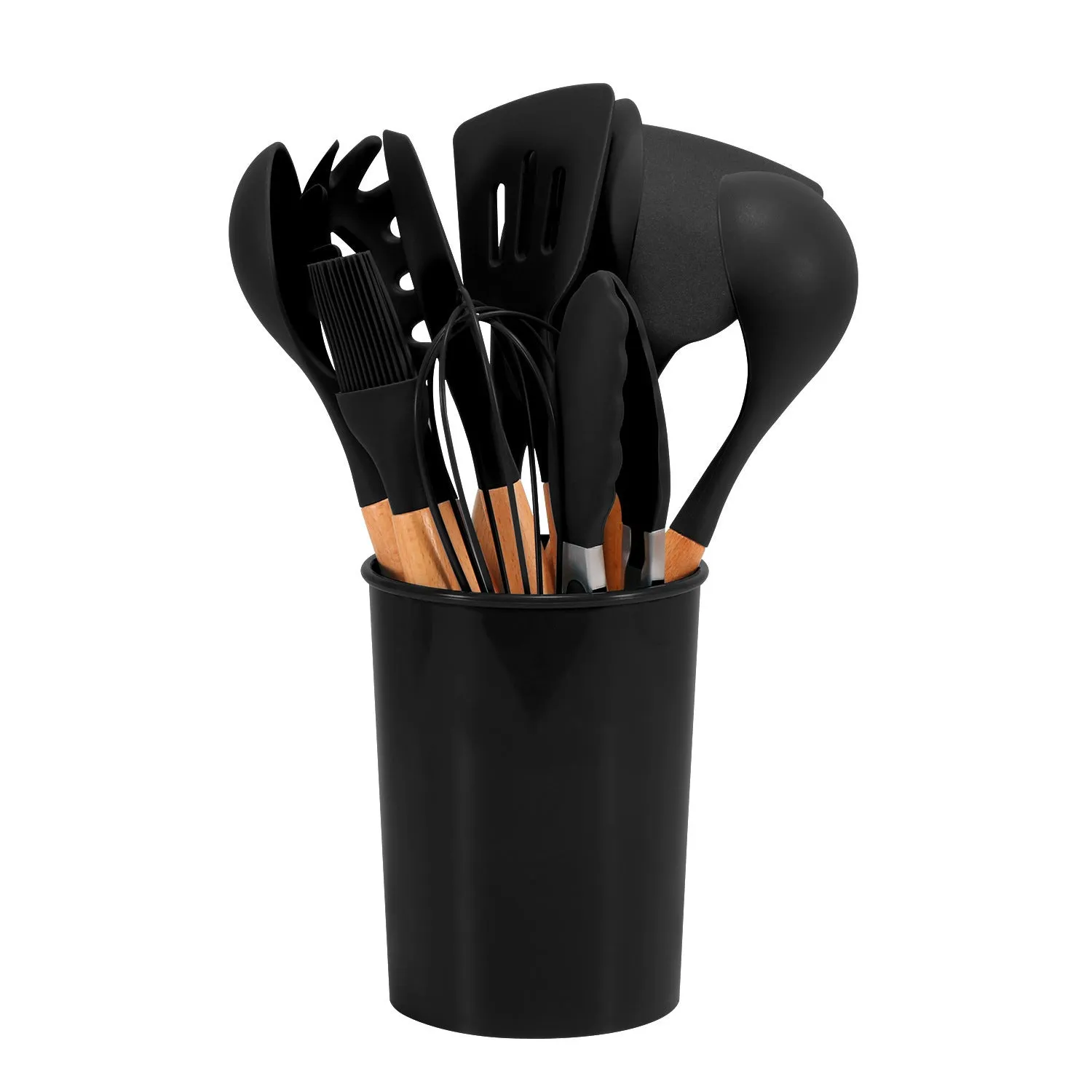 12-piece silicone kitchenware set with wooden handles in red colour box packaging, modern simplicity style