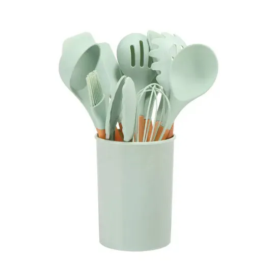 12-piece silicone kitchenware set with wooden handles in red colour box packaging, modern simplicity style
