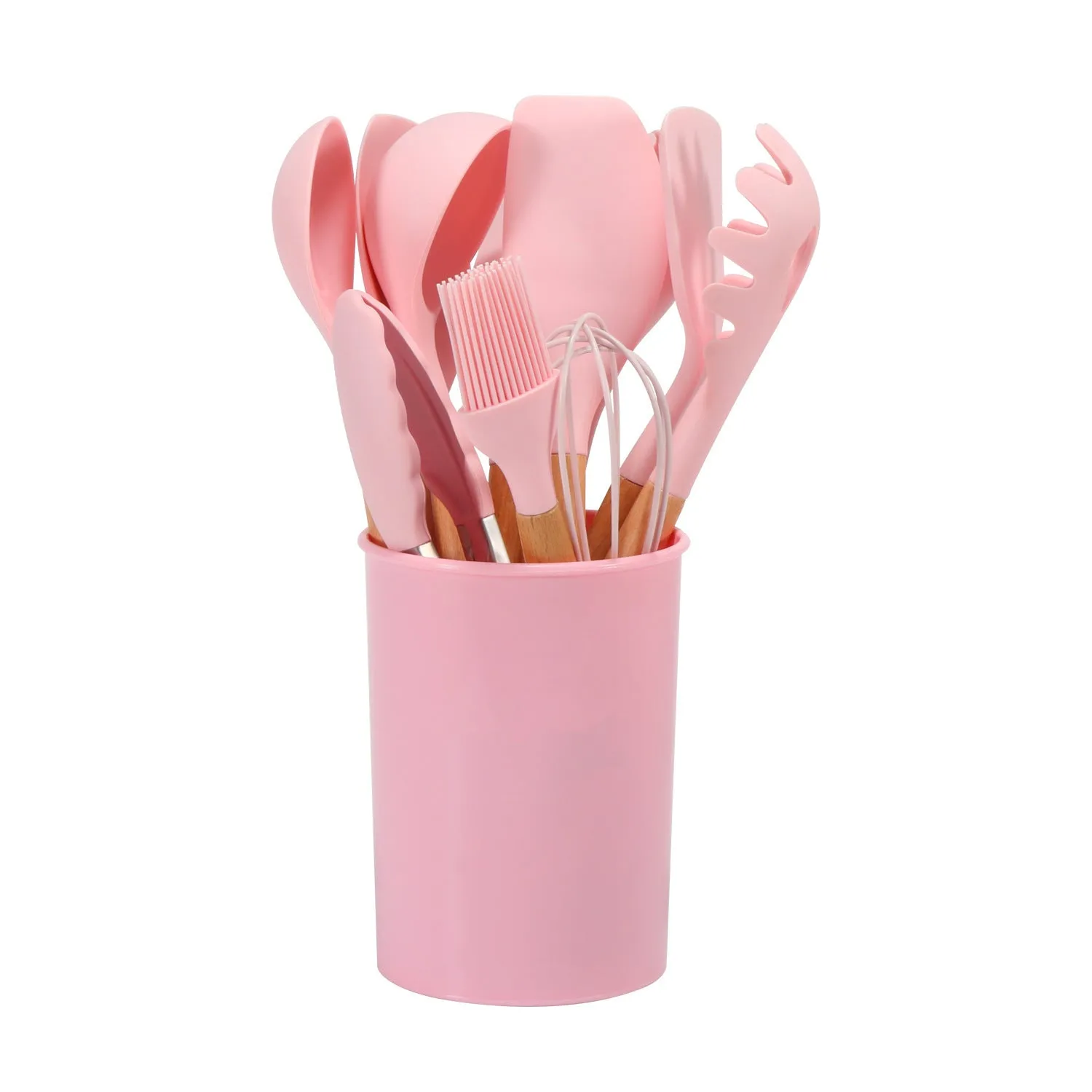 12-piece silicone kitchenware set with wooden handles in red colour box packaging, modern simplicity style