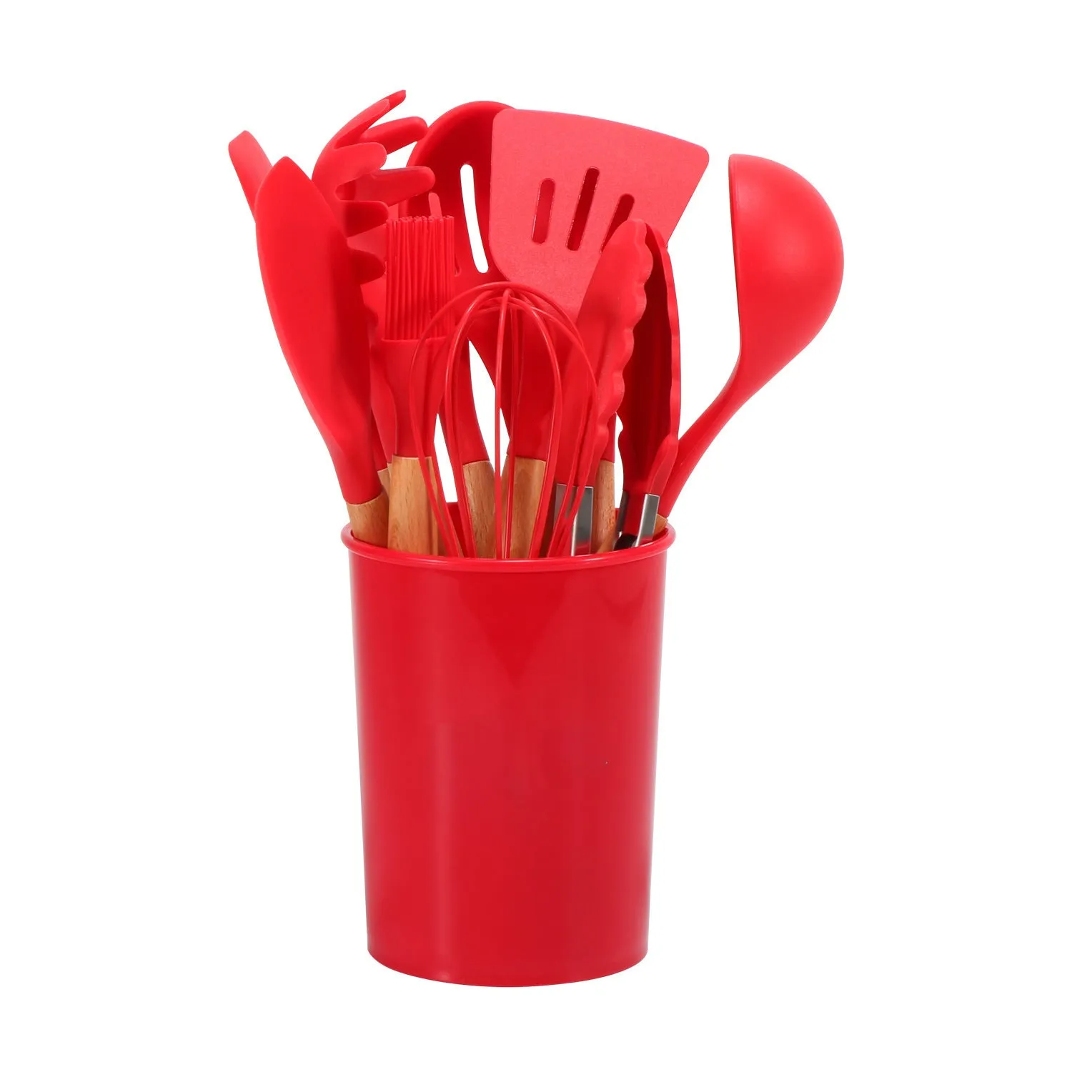 12-piece silicone kitchenware set with wooden handles in red colour box packaging, modern simplicity style