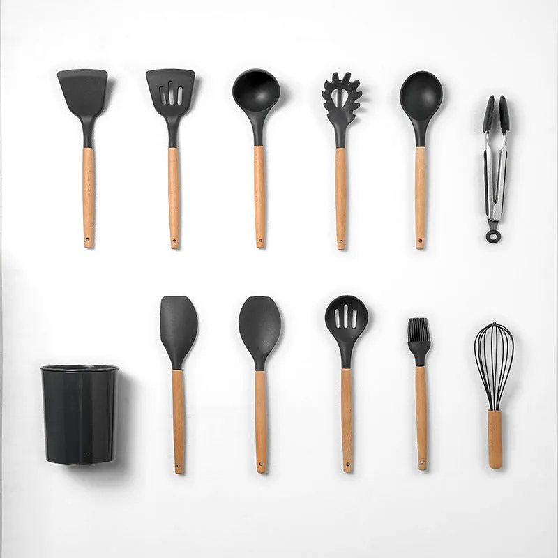 12-piece silicone kitchenware set with wooden handles in red colour box packaging, modern simplicity style