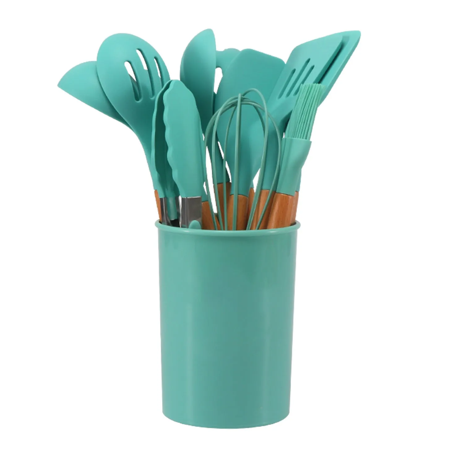 12-piece silicone kitchenware set with wooden handles in red colour box packaging, modern simplicity style
