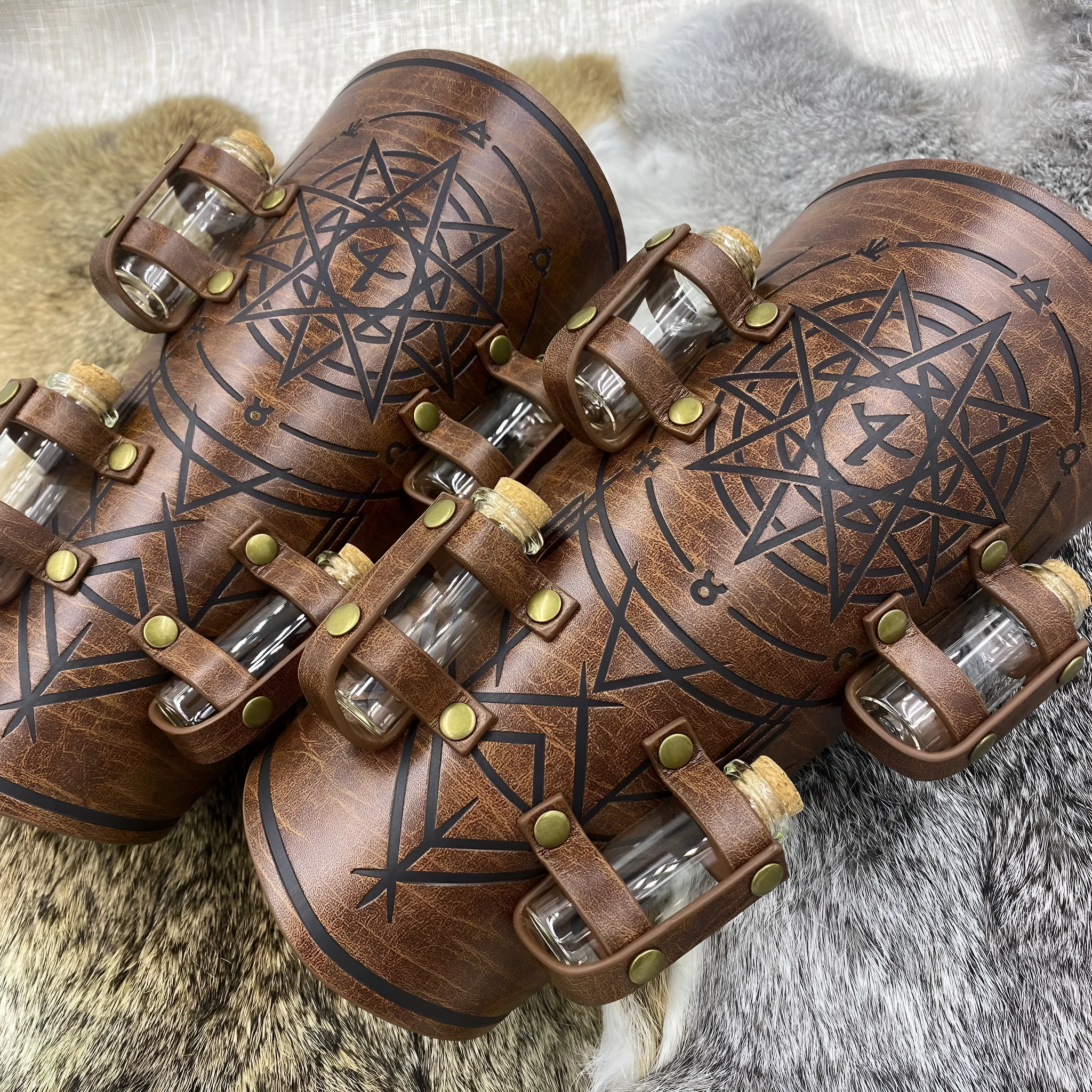 Black PU leather wristband with printed medieval alchemy bottle design