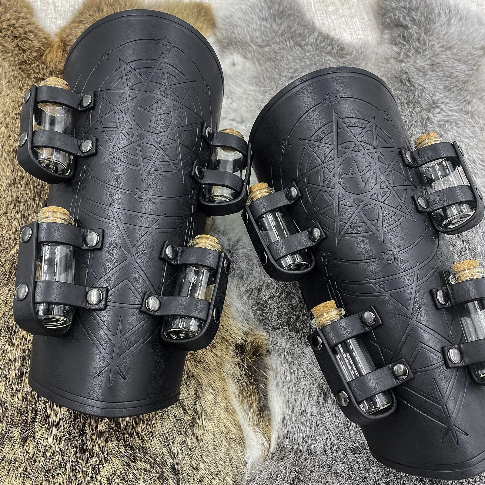 Black PU leather wristband with printed medieval alchemy bottle design