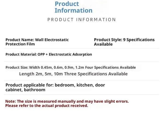 Transparent electrostatic wall protective film roll 45CM x 2M for latex paint walls