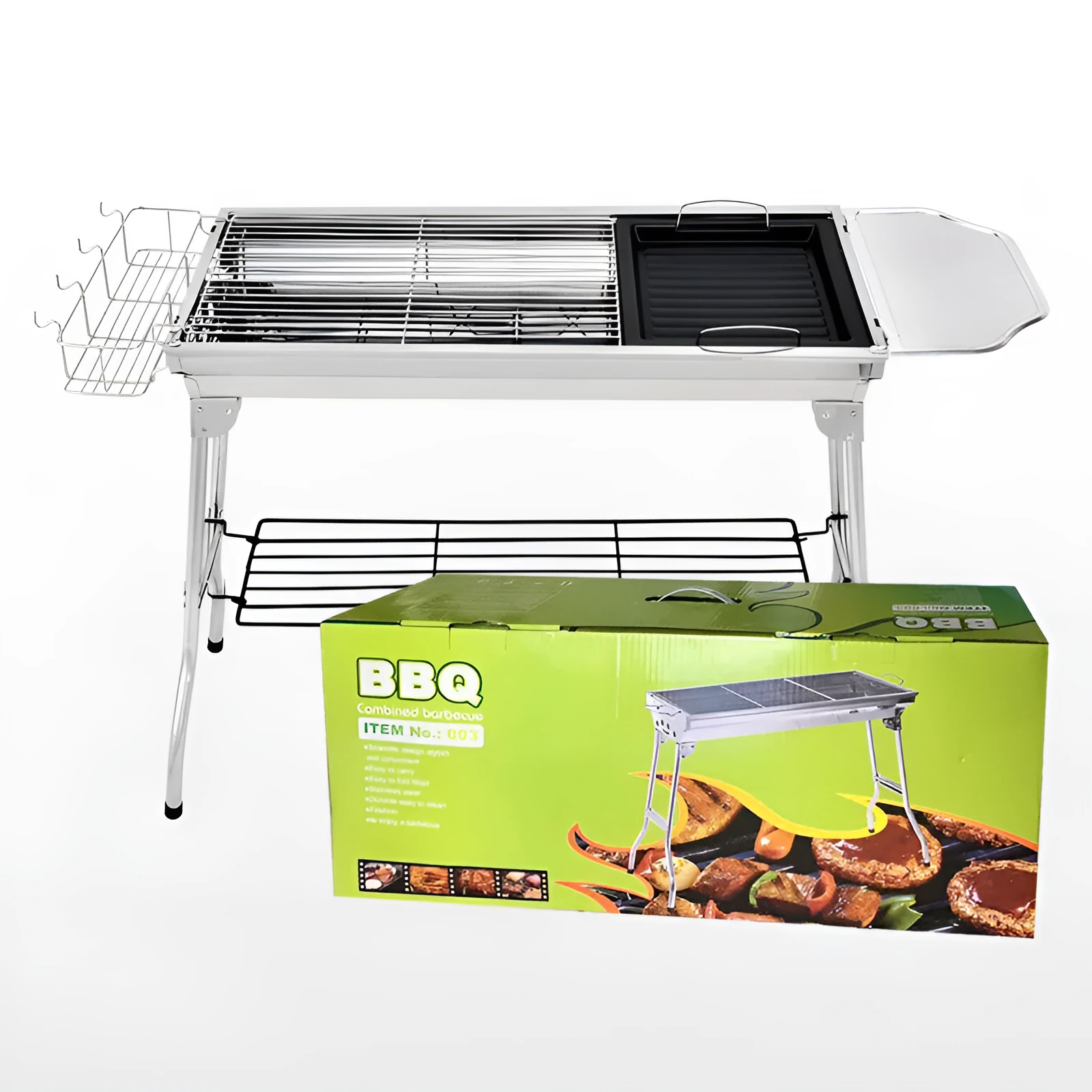 Stainless steel portable folding barbecue grill oven with grill, shown in its natural metal colour.