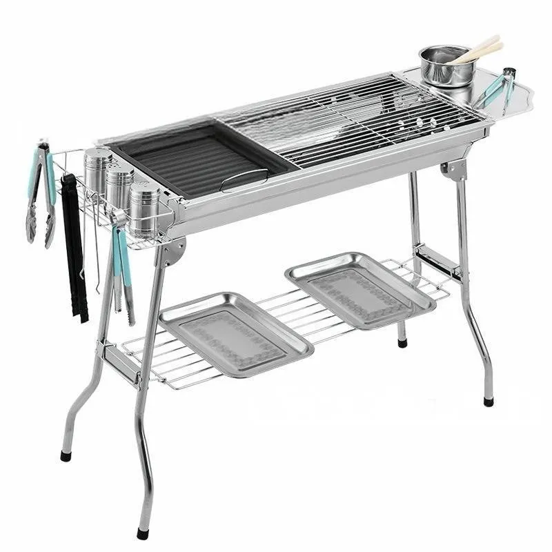 Stainless steel portable folding barbecue grill oven with grill, shown in its natural metal colour.
