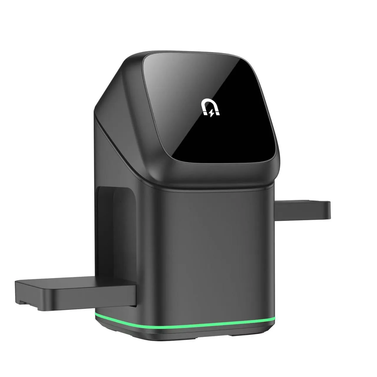 Black rotating magnetic wireless charging stand holding mobile phone at angle