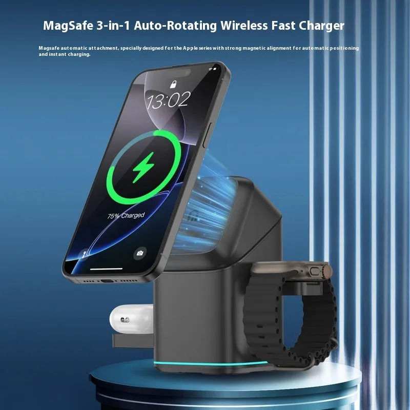 Black rotating magnetic wireless charging stand holding mobile phone at angle
