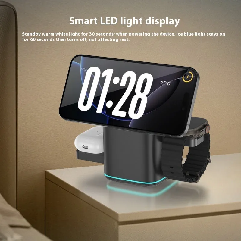Black rotating magnetic wireless charging stand holding mobile phone at angle