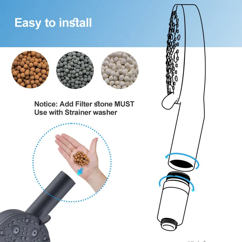 Dark matte hand-held shower head set with bracket and hose, five spray functions, ABS construction