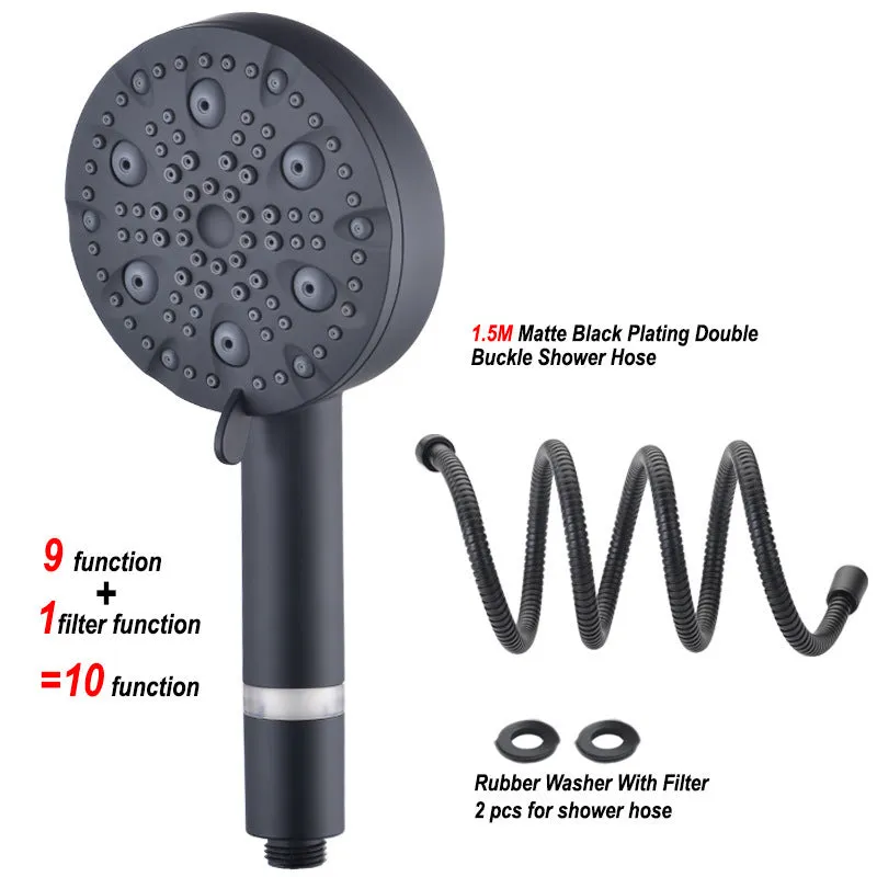 Dark matte hand-held shower head set with bracket and hose, five spray functions, ABS construction