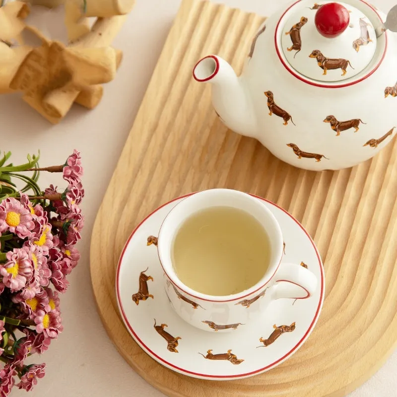 Ceramic sausage dog teapot mug cup and saucer three-piece set with strainer