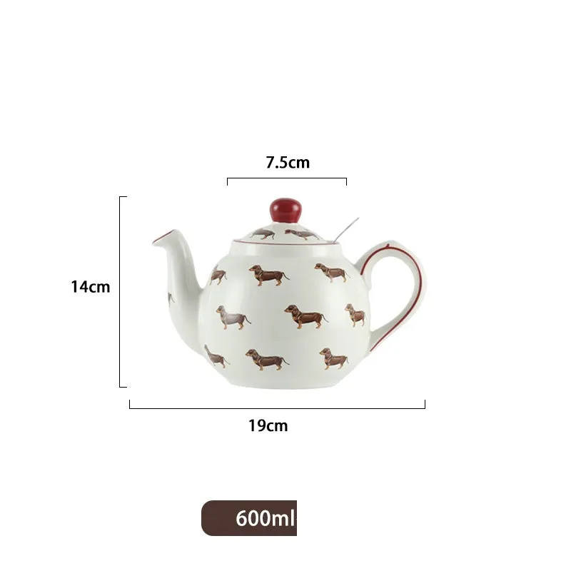 Ceramic sausage dog teapot mug cup and saucer three-piece set with strainer