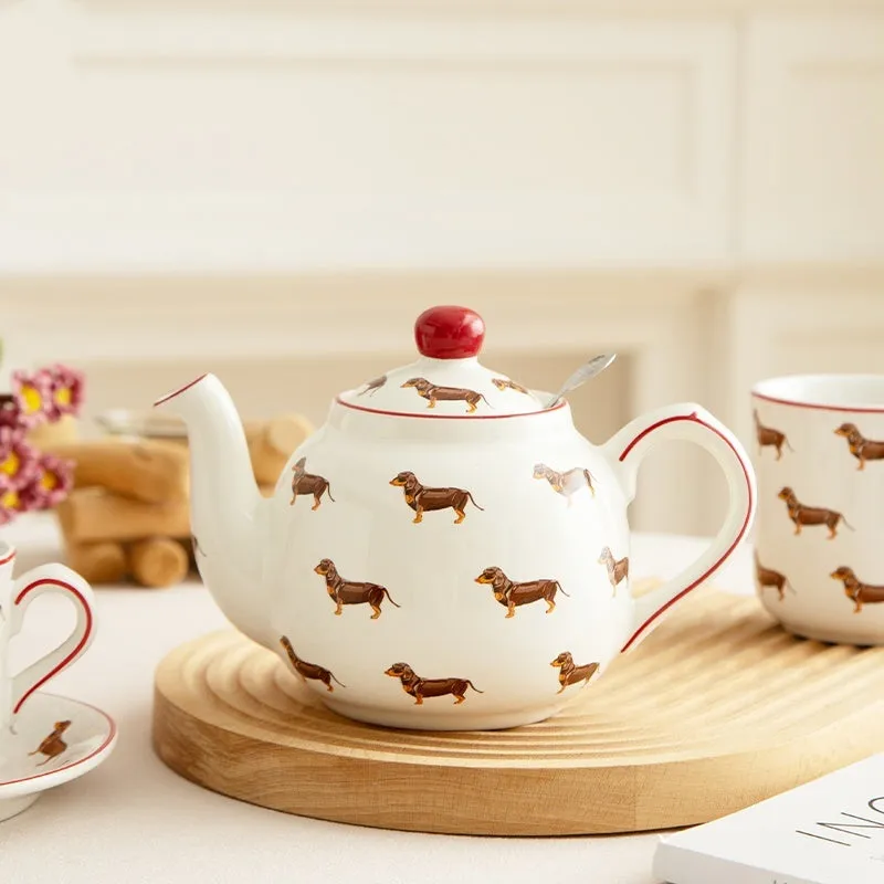 Ceramic sausage dog teapot mug cup and saucer three-piece set with strainer