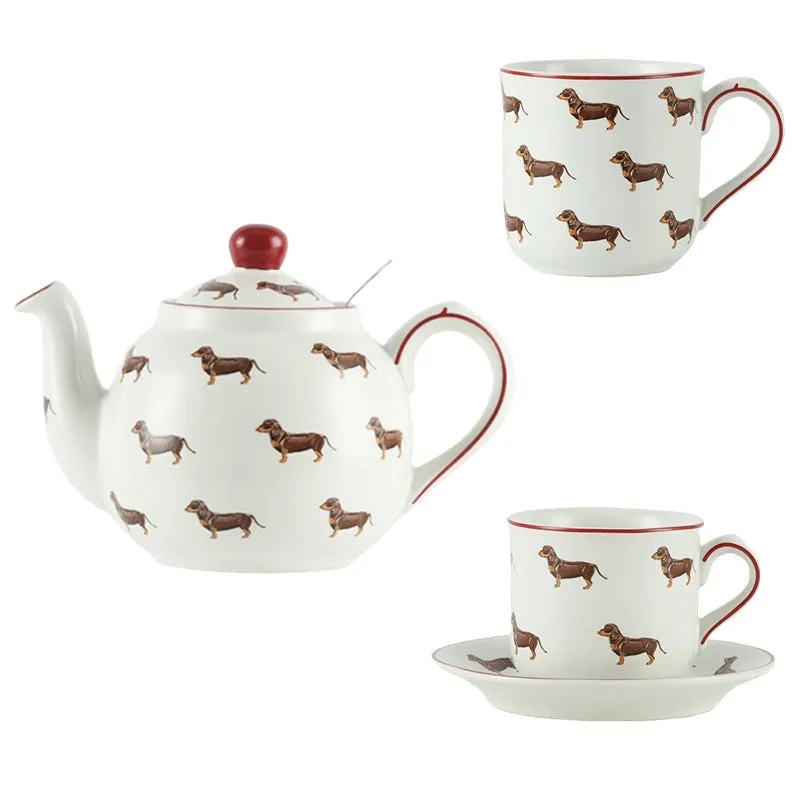 Ceramic sausage dog teapot mug cup and saucer three-piece set with strainer
