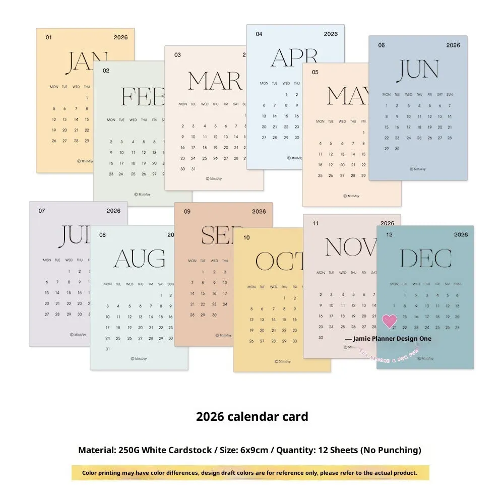 2026 Calendar Cards Calendar Fold set showing monthly calendar inner pages in basic packaging