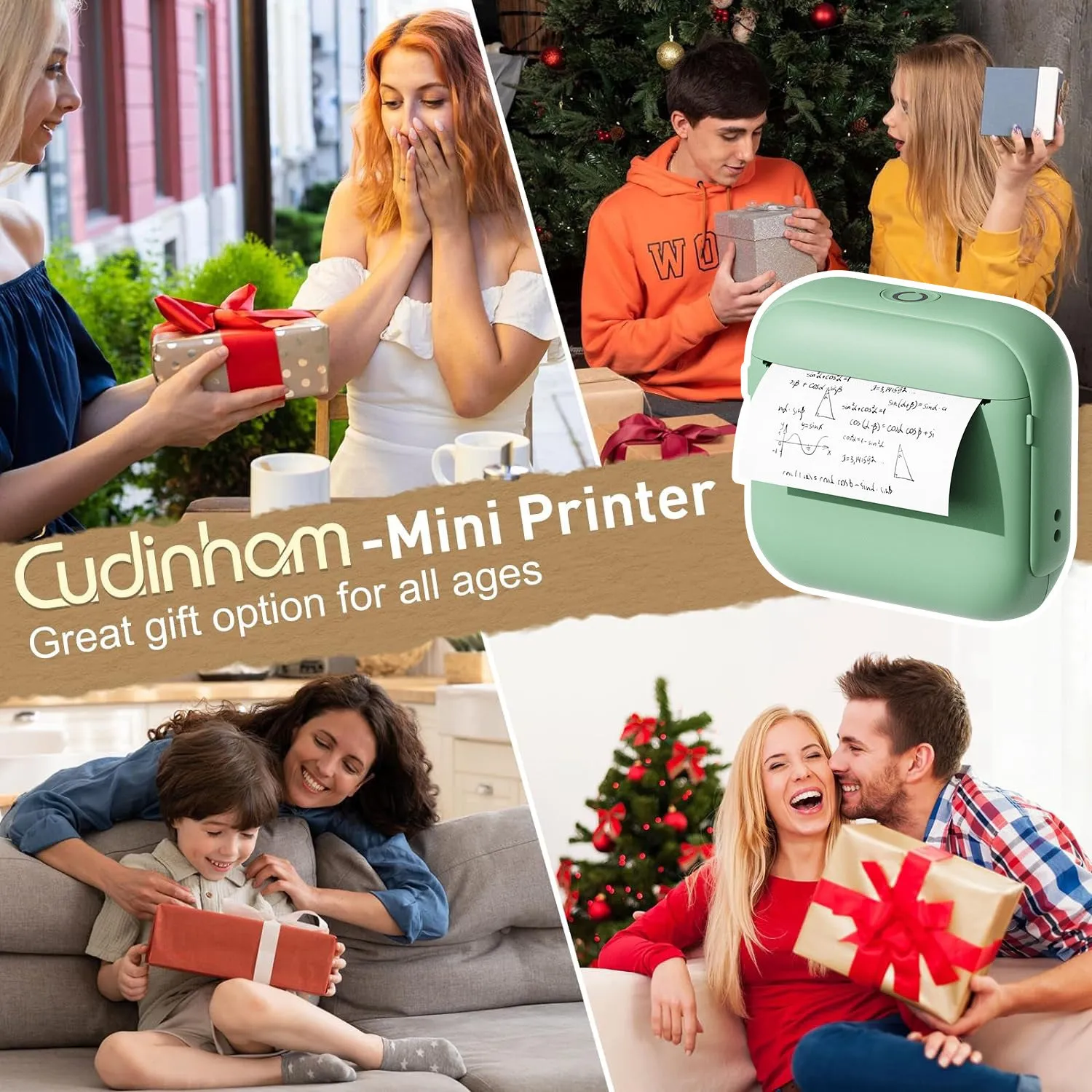 HD Bluetooth portable thermal printer in Beige with compact 85x35x80mm dimensions