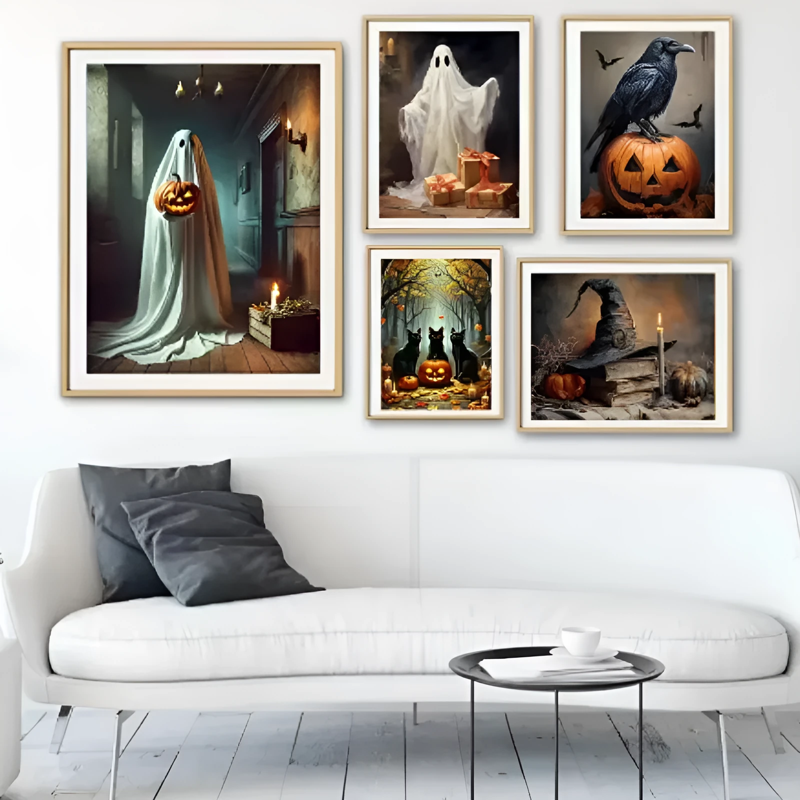Canvas wall art showing pumpkin Halloween decoration with ghost tea party scene, three sizes available