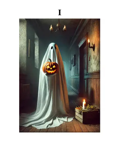 Canvas wall art showing pumpkin Halloween decoration with ghost tea party scene, three sizes available
