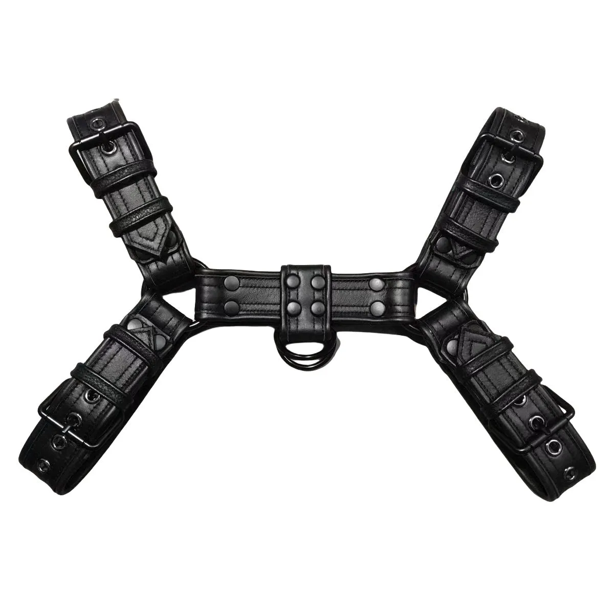 Black leather chest muscle bondage strap with metal buckle fastening system