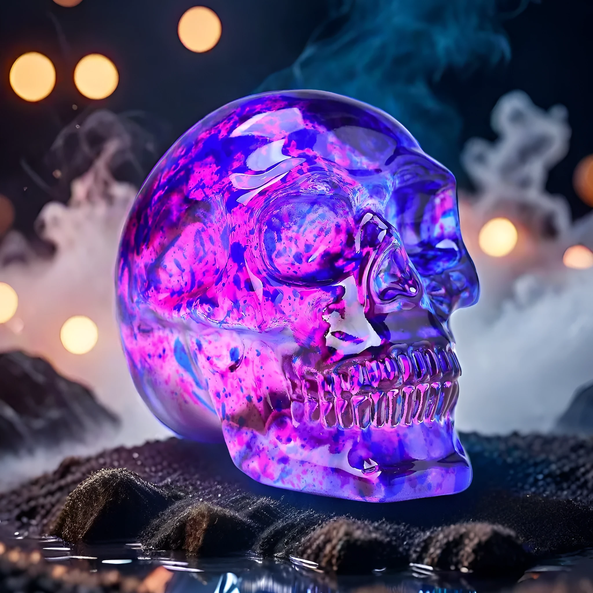 Pink and blue floral skull ornament made of glass with hanging loop