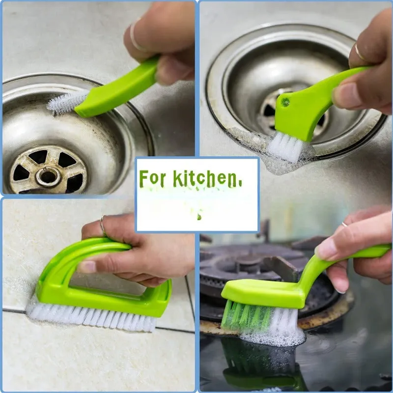 Three green plastic floor seam cleaning brushes arranged on a hard floor surface
