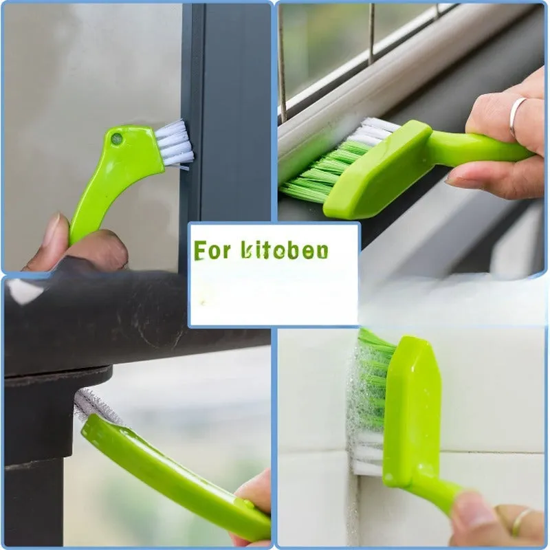 Three green plastic floor seam cleaning brushes arranged on a hard floor surface