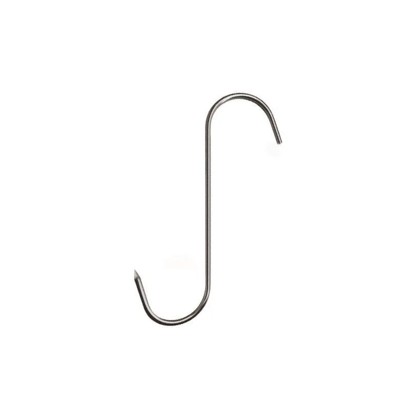 Stainless steel pointed S hook 13cm silver single hook on white background