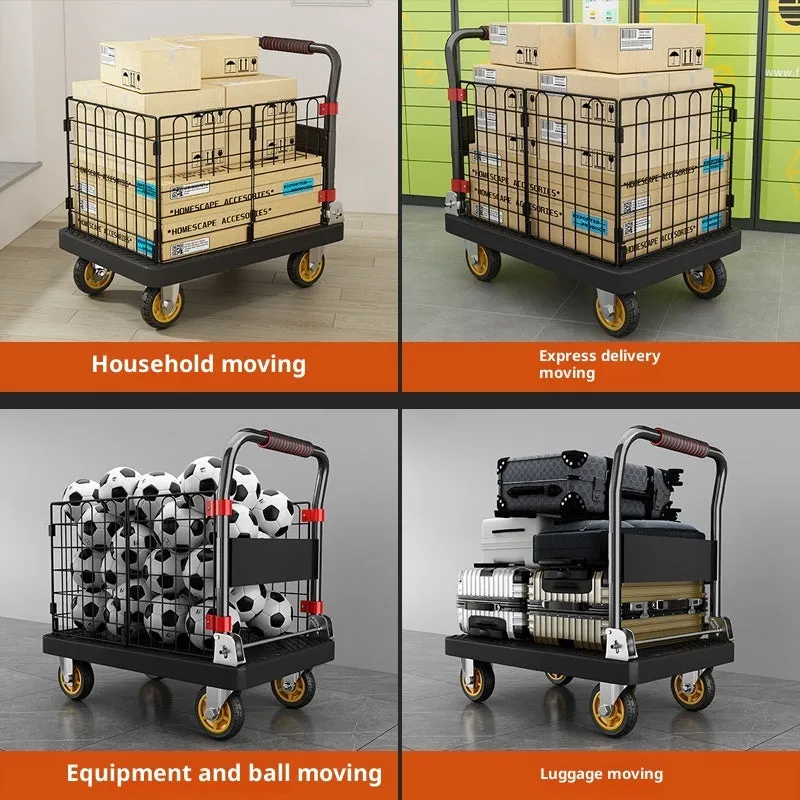 Black folding platform truck with fence, 72x48 cm, 500 kg capacity, mute bearing, engineering plastic construction