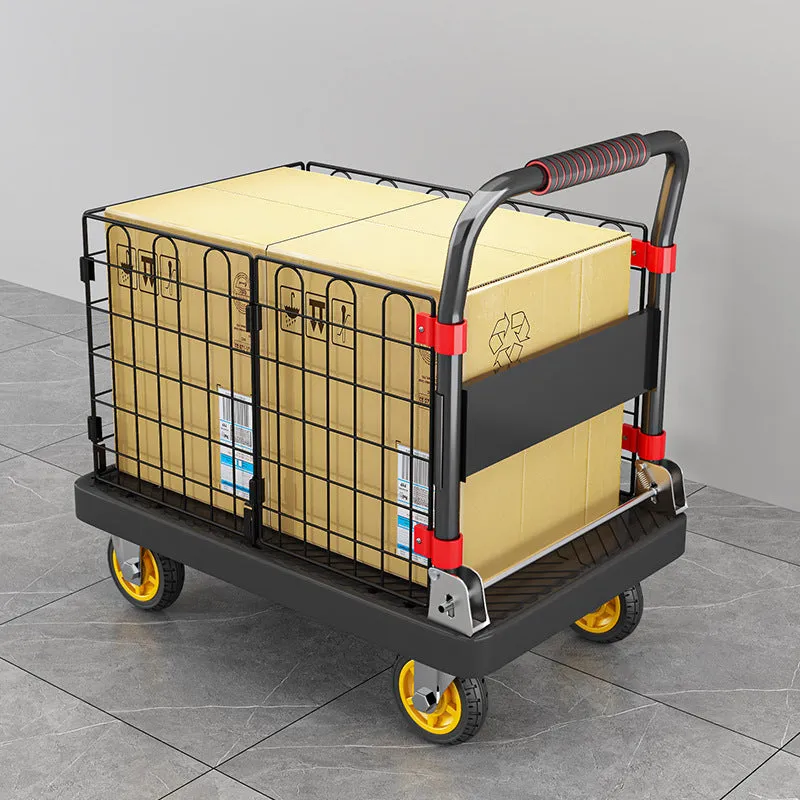 Black folding platform truck with fence, 72x48 cm, 500 kg capacity, mute bearing, engineering plastic construction