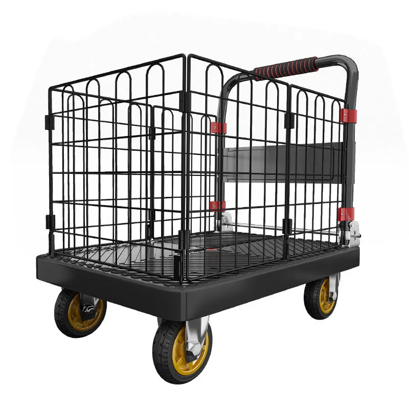 Black folding platform truck with fence, 72x48 cm, 500 kg capacity, mute bearing, engineering plastic construction