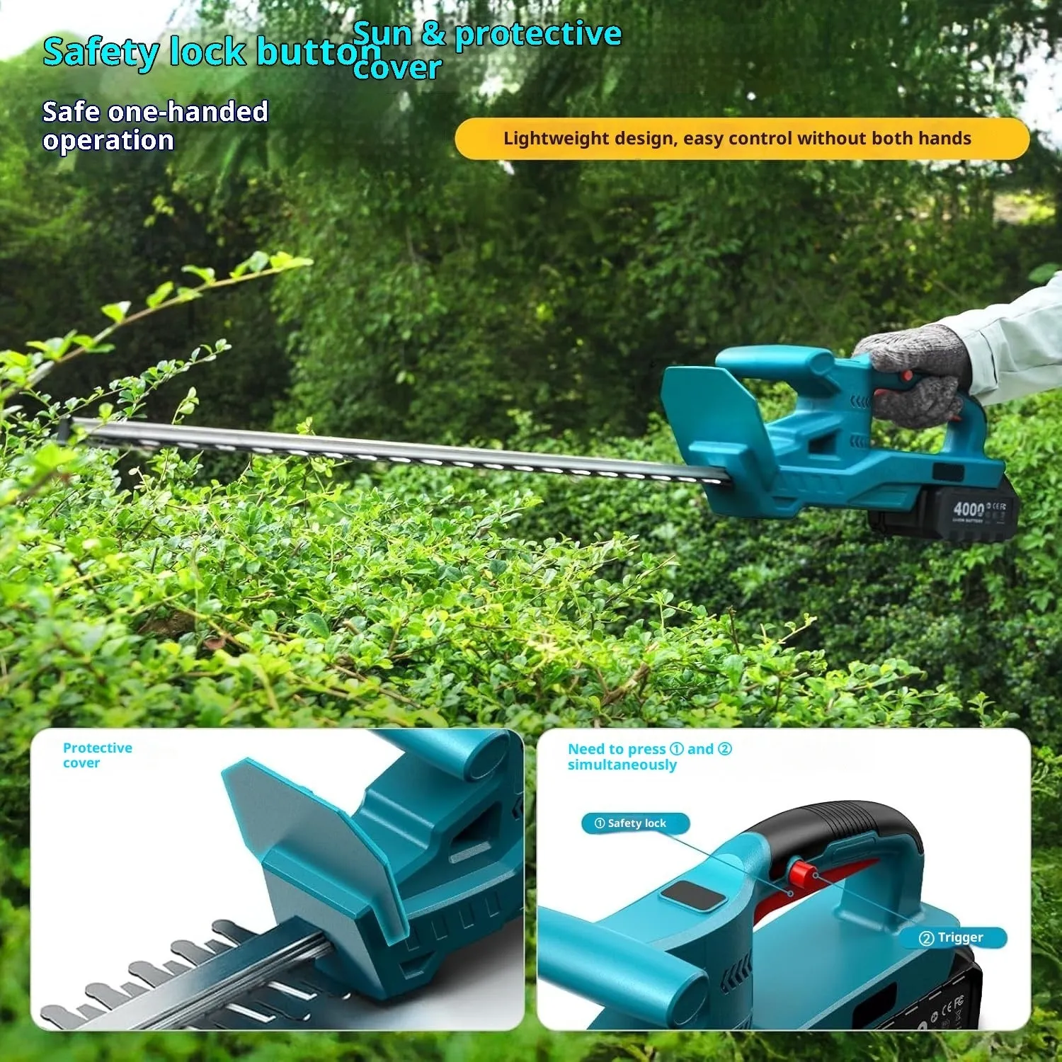 24V lithium battery cordless electric hedge trimmer with two batteries and charger on white background