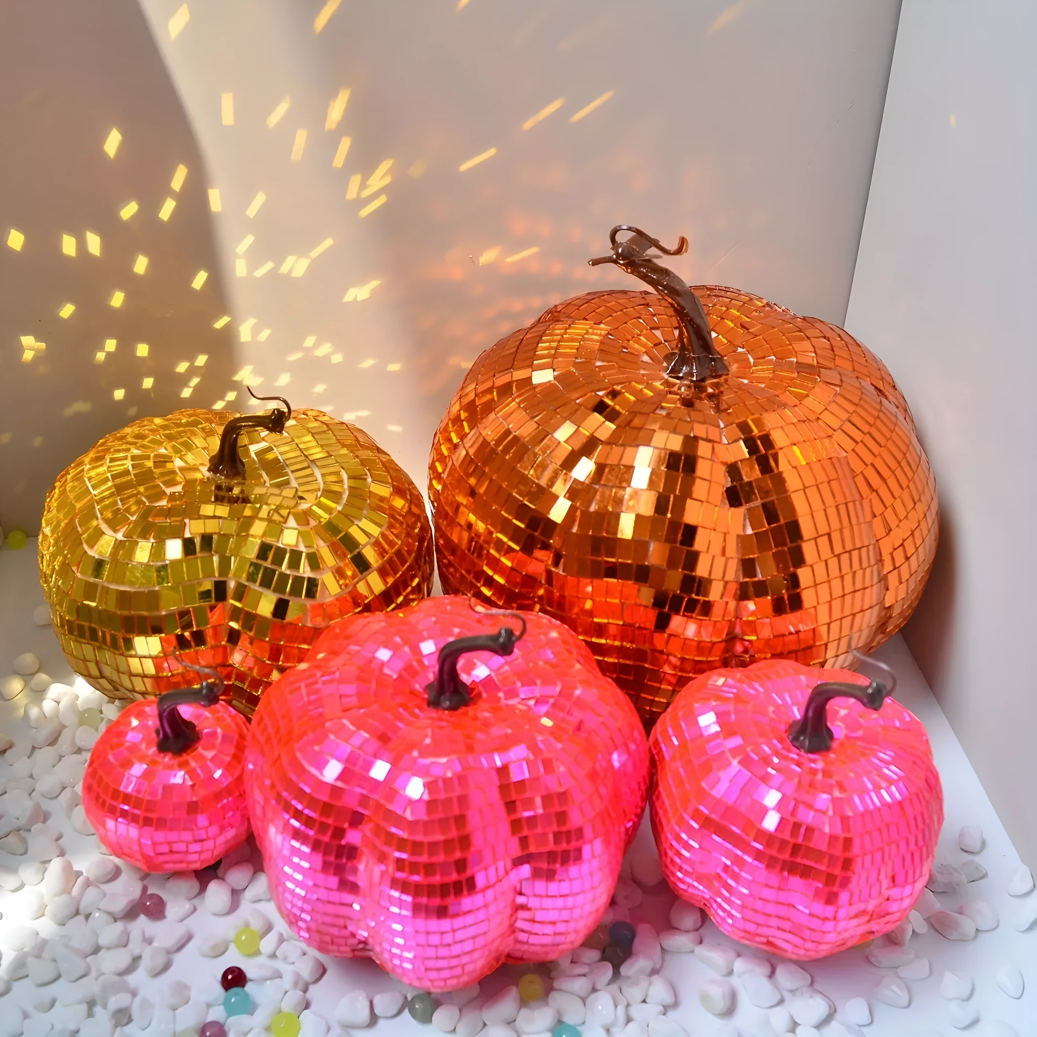 Chinese style embroidered glass pumpkin ornament in various sizes for Halloween decoration.