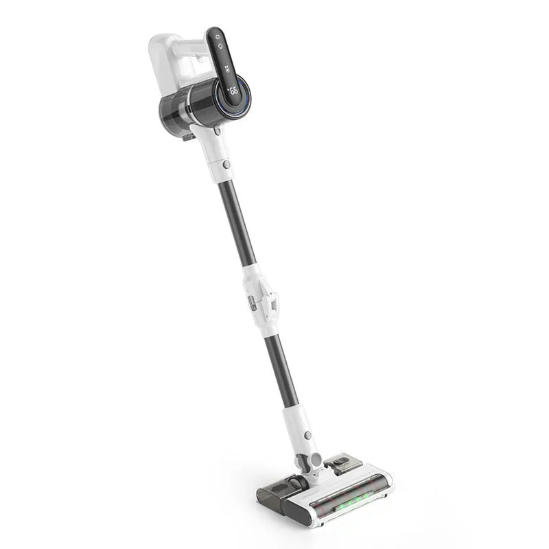 Light gray household wireless handheld folding tube vacuum cleaner with lighting function on a flat surface