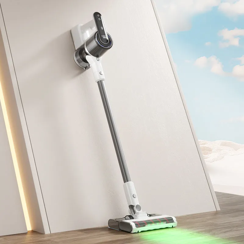 Light gray household wireless handheld folding tube vacuum cleaner with lighting function on a flat surface
