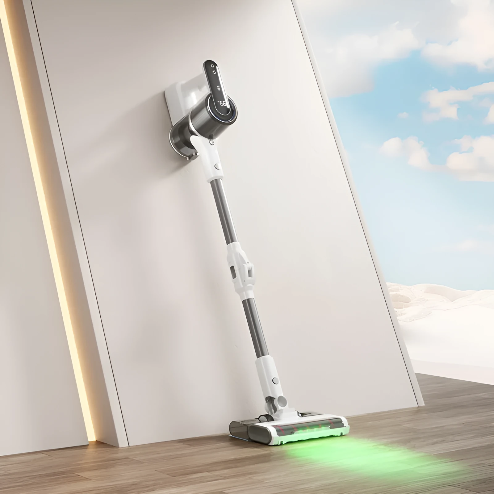 Light gray household wireless handheld folding tube vacuum cleaner with lighting function on a flat surface