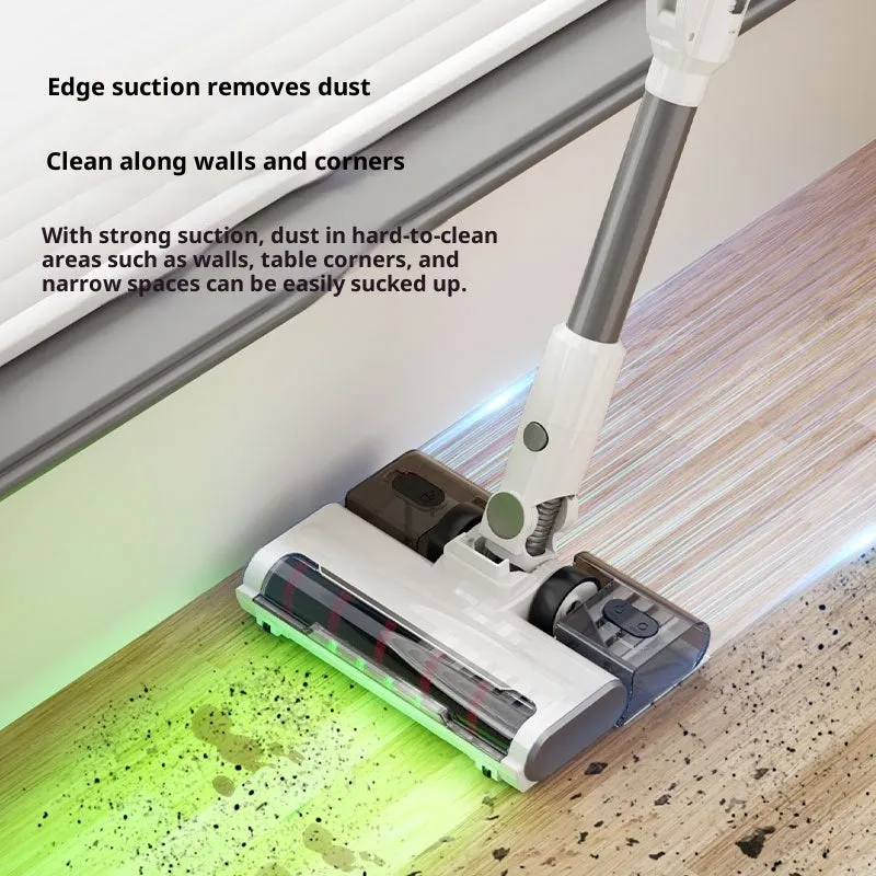 Light gray household wireless handheld folding tube vacuum cleaner with lighting function on a flat surface