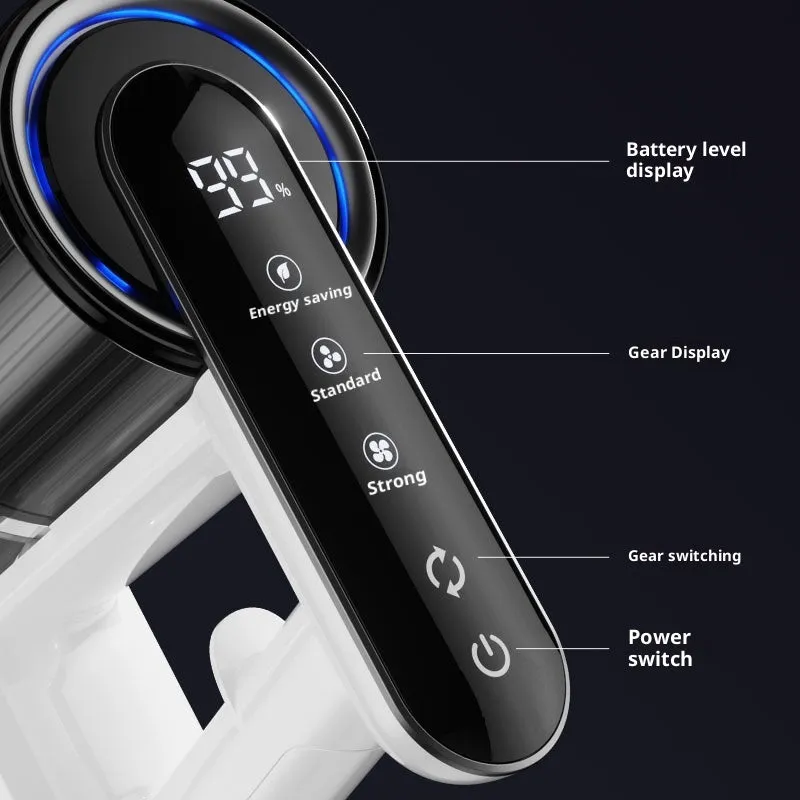 Light gray household wireless handheld folding tube vacuum cleaner with lighting function on a flat surface