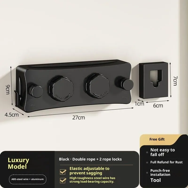 Retractable invisible clothesline with aluminium alloy housing, 5.1m double line in black