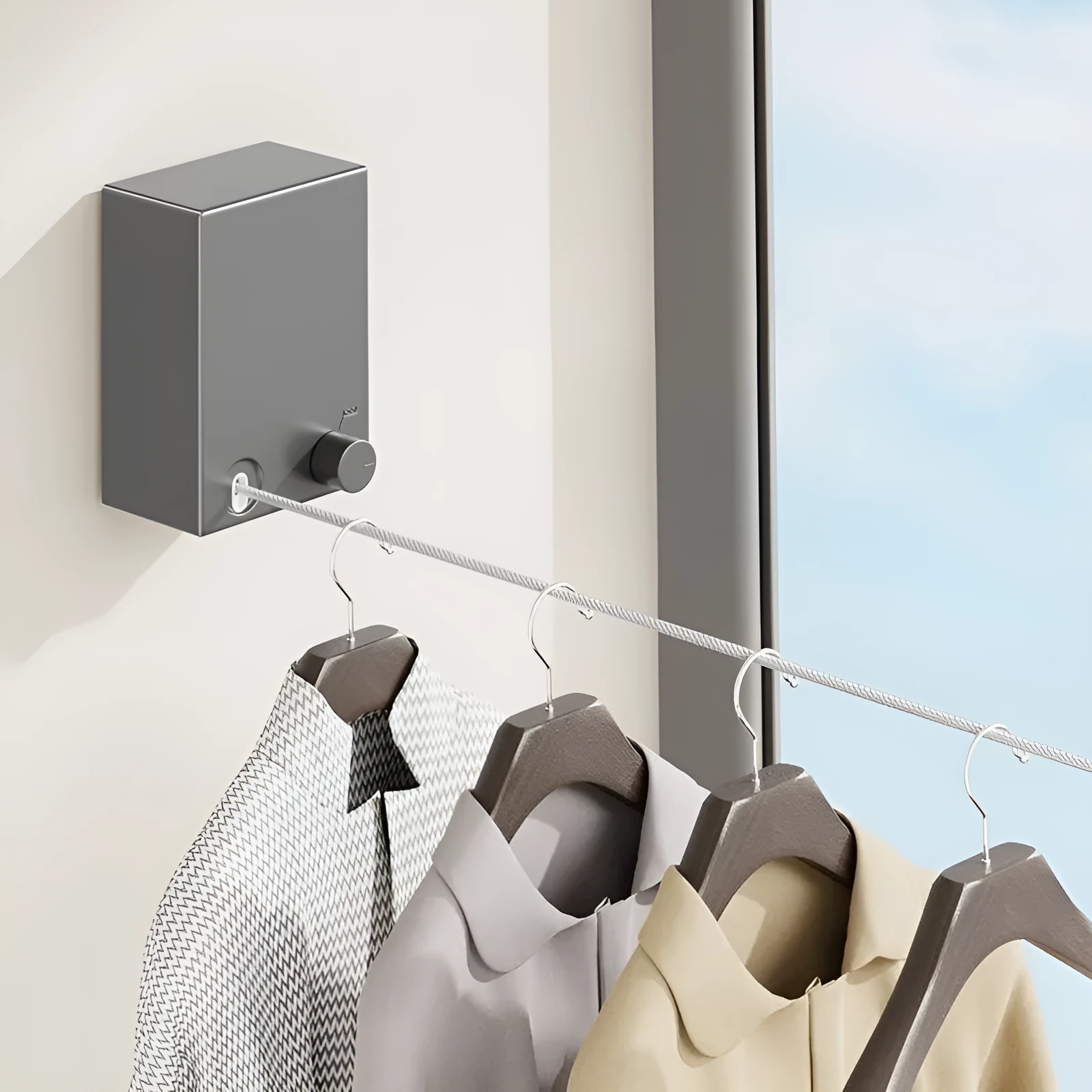 Retractable invisible clothesline with aluminium alloy housing, 5.1m double line in black