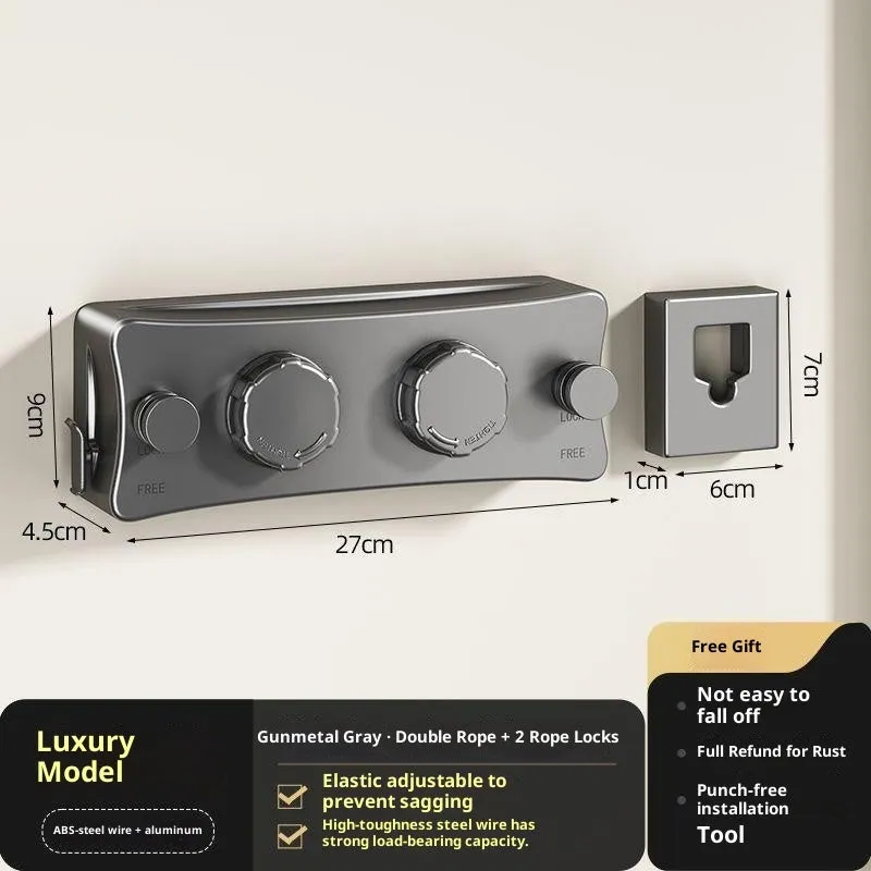 Retractable invisible clothesline with aluminium alloy housing, 5.1m double line in black