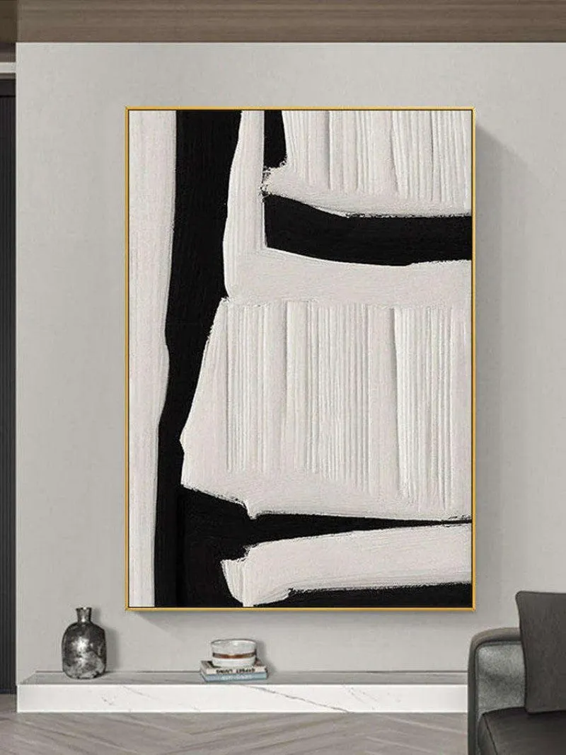 Large abstract hand-painted oil painting on canvas in black, white and beige tones with textured surface