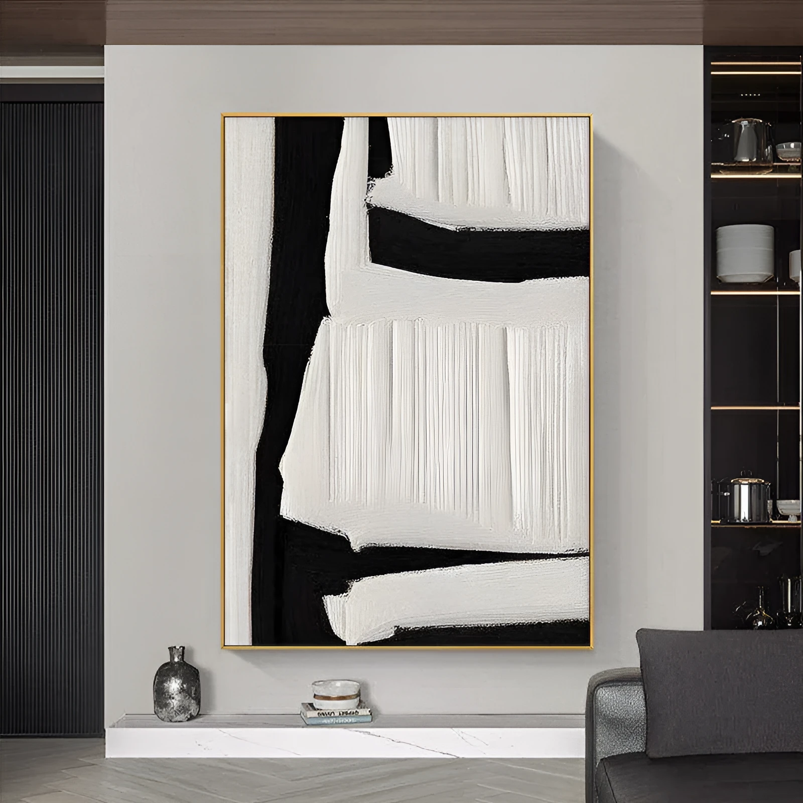Large abstract hand-painted oil painting on canvas in black, white and beige tones with textured surface