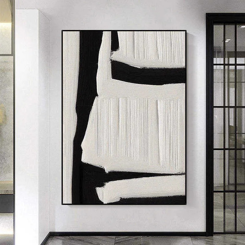 Large abstract hand-painted oil painting on canvas in black, white and beige tones with textured surface