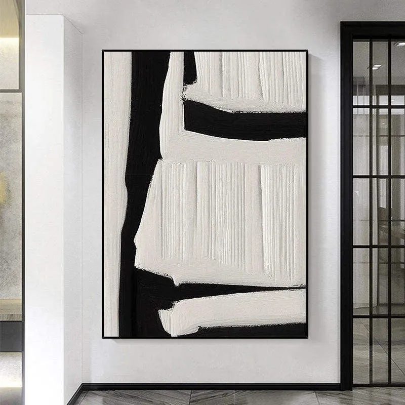 Large abstract hand-painted oil painting on canvas in black, white and beige tones with textured surface