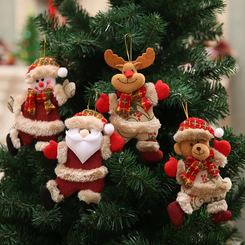 Set of four Christmas tree ornaments featuring Santa, snowman, reindeer and bear figures with red and white scarves