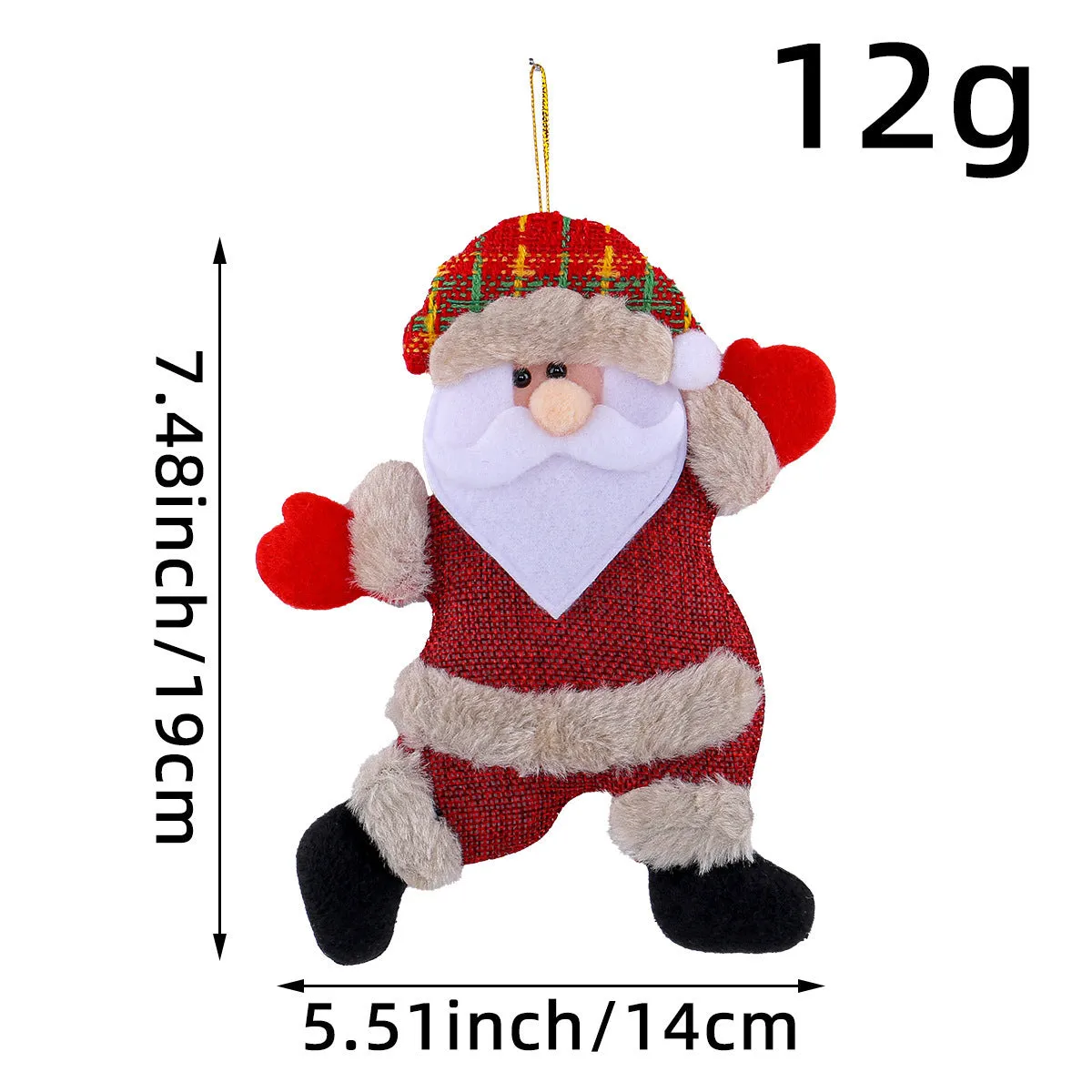 Set of four Christmas tree ornaments featuring Santa, snowman, reindeer and bear figures with red and white scarves
