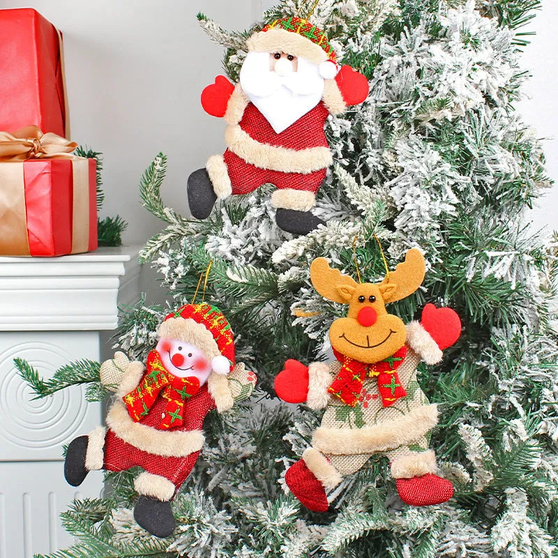 Set of four Christmas tree ornaments featuring Santa, snowman, reindeer and bear figures with red and white scarves