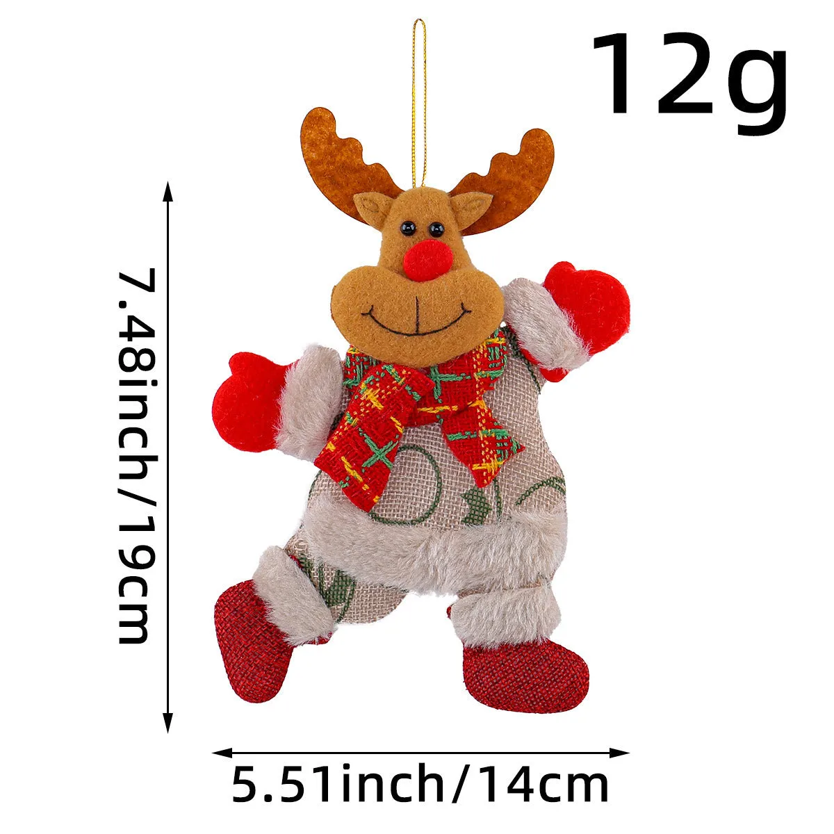 Set of four Christmas tree ornaments featuring Santa, snowman, reindeer and bear figures with red and white scarves